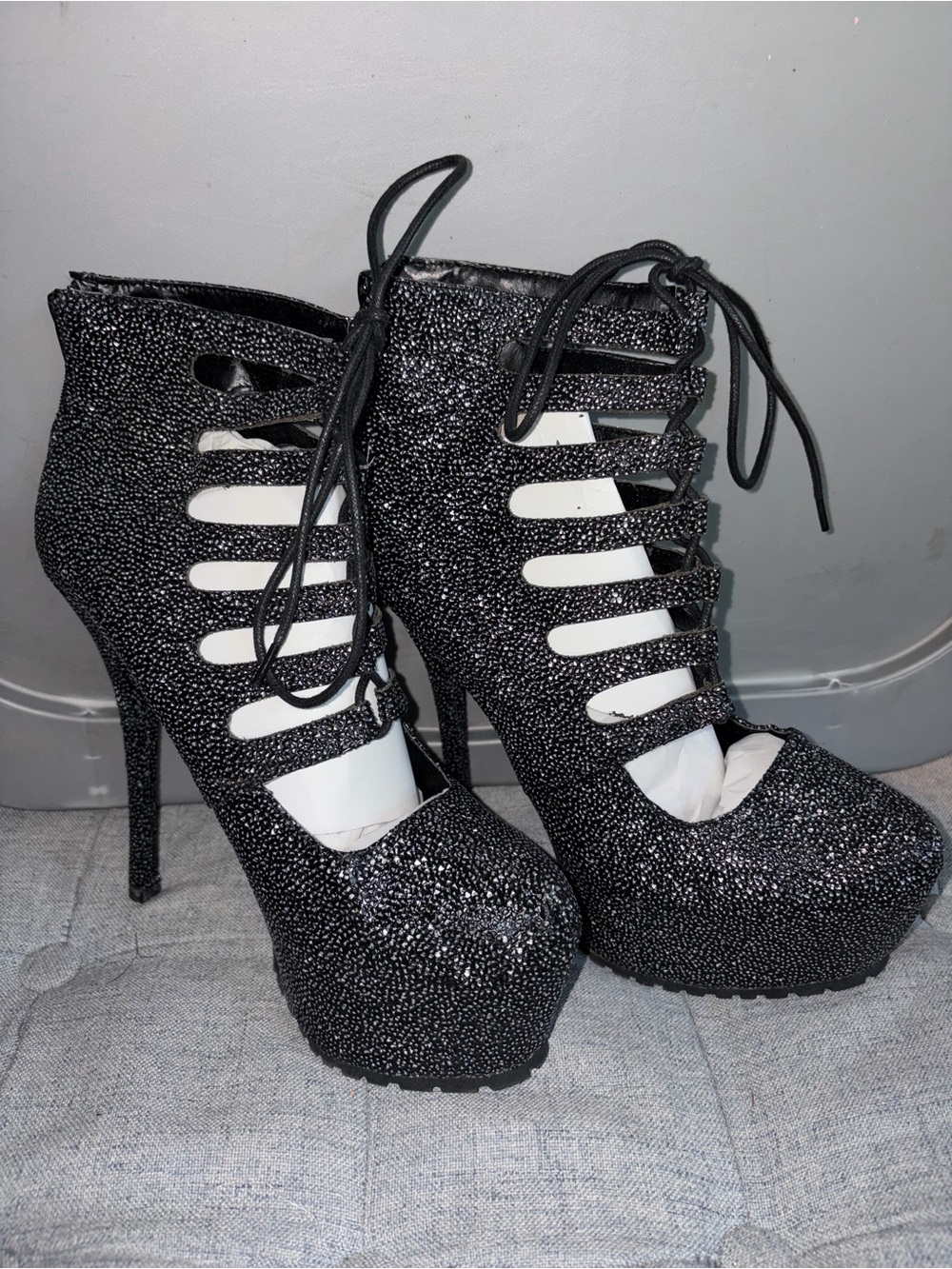 Qupid Black Sparkle Lace-Up Platform Stilettos